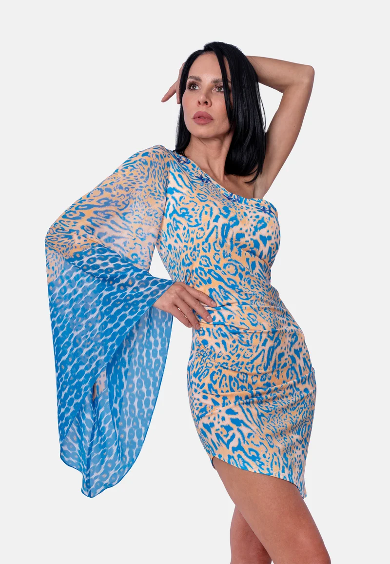 Asymmetrisches One-Shoulder-Minikleid mit Animalprint in Blau-Beige | Birds of Wild Grace by Birds of Love