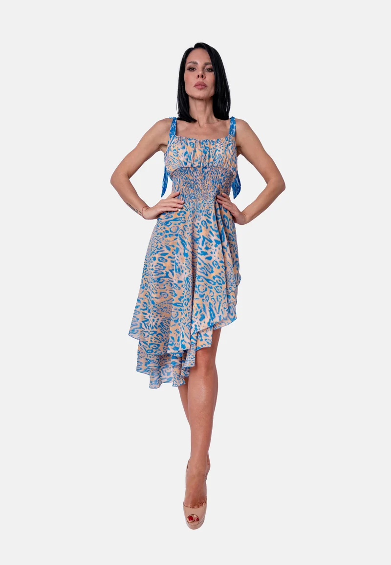 Asymmetrisches Midikleid mit Animalprint und geraffierter Taille in Blau-Beige | Birds of Wild Grace by Birds of Love