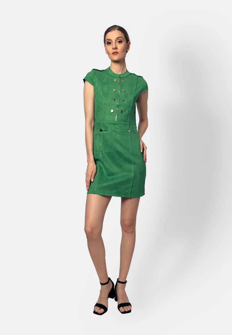 Grünes Minikleid aus veganem Ökoleder mit Reißverschluss