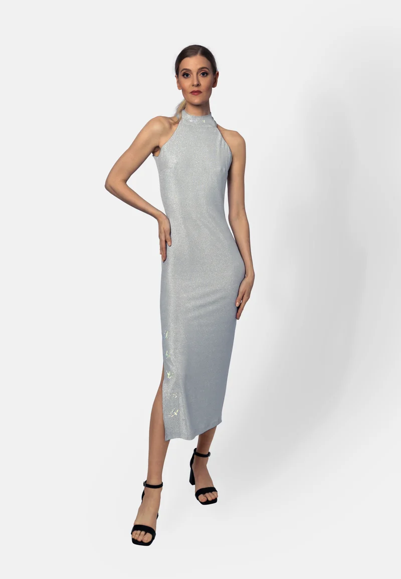 Silbergraues Viskose-Jersey-Midikleid