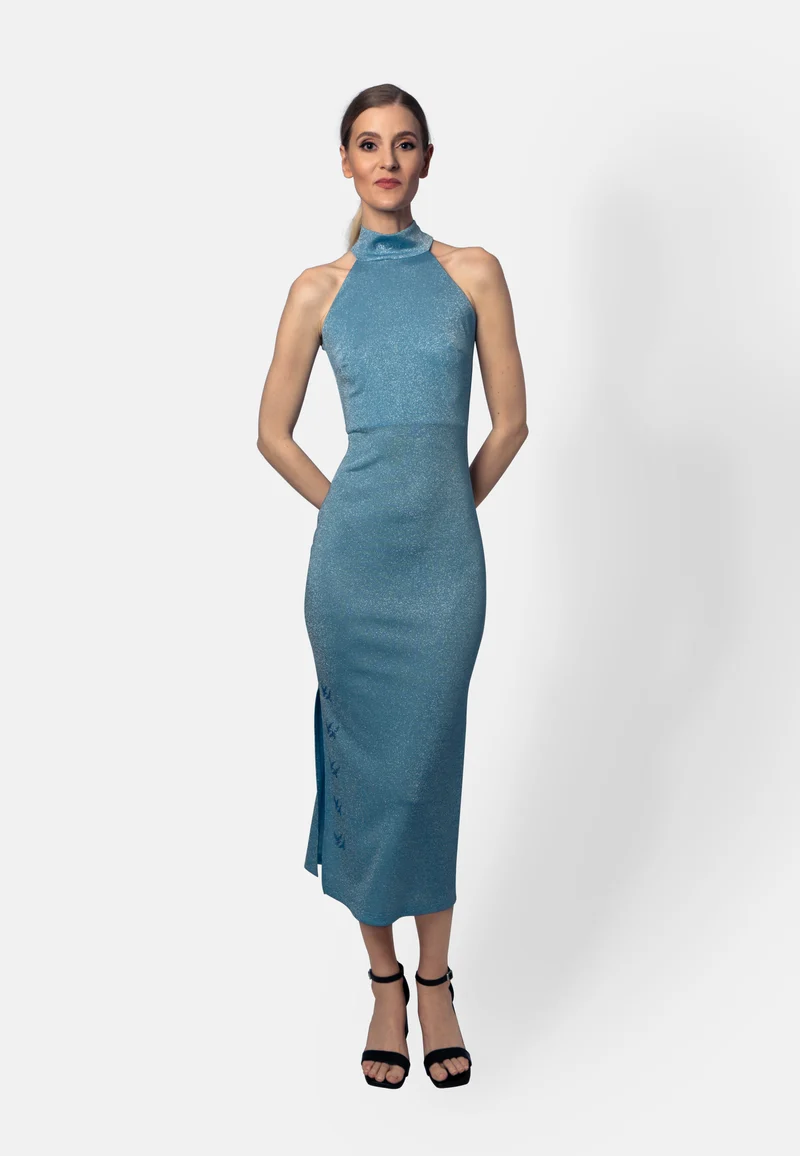 Eisblaues Viskose-Jersey-Midikleid
