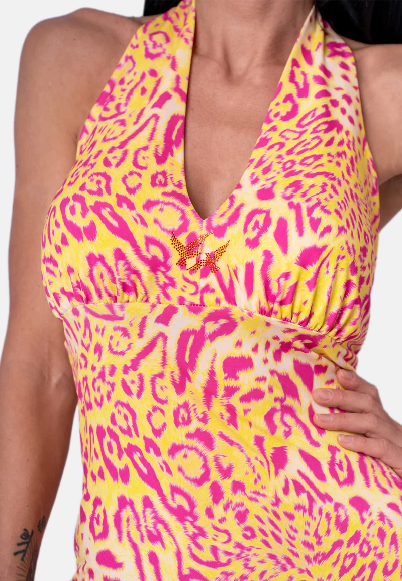 Figurbetontes Neckholder-Minikleid mit Animalprint in Gelb-Pink | Birds of Wild Grace by Birds of Love