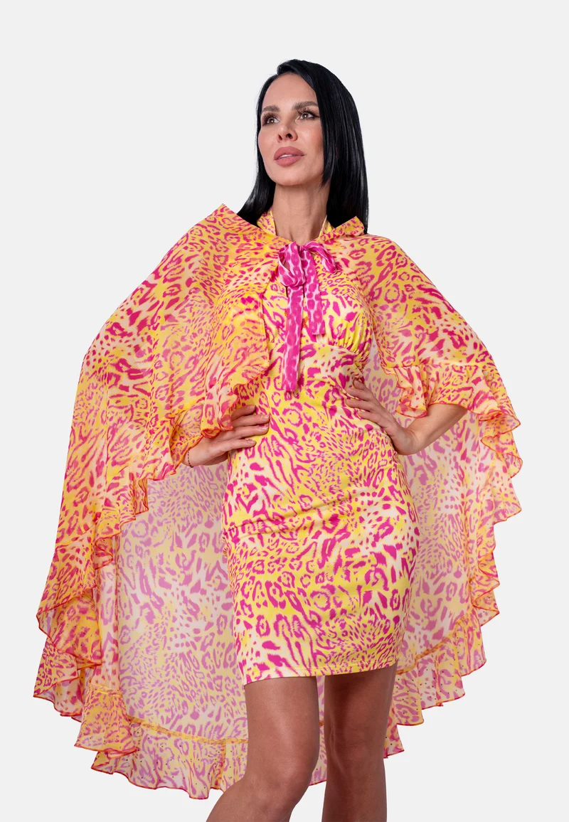 Figurbetontes Neckholder-Minikleid mit Animalprint in Gelb-Pink | Birds of Wild Grace by Birds of Love