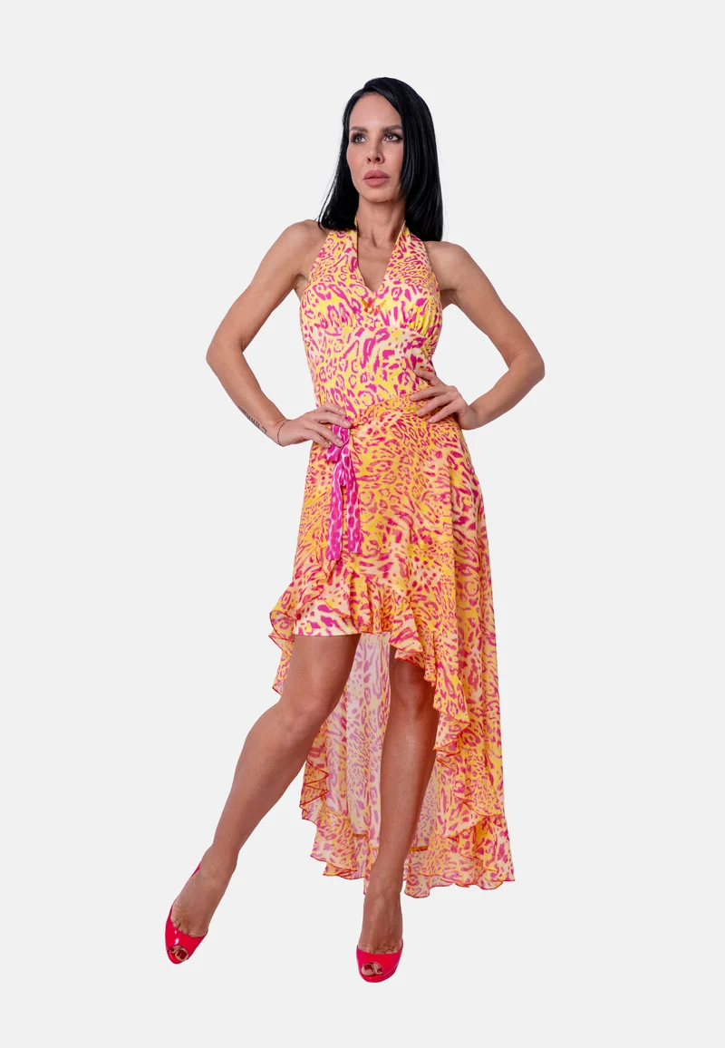 Figurbetontes Neckholder-Minikleid mit Animalprint in Gelb-Pink | Birds of Wild Grace by Birds of Love