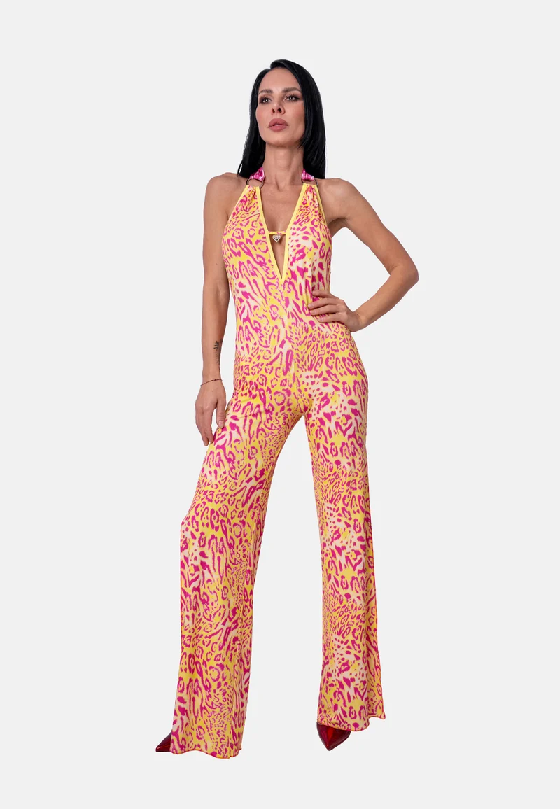 Figurbetonter Neckholder-Jumpsuit mit Animalprint in Gelb-Pink | Birds of Wild Grace by Birds of Love