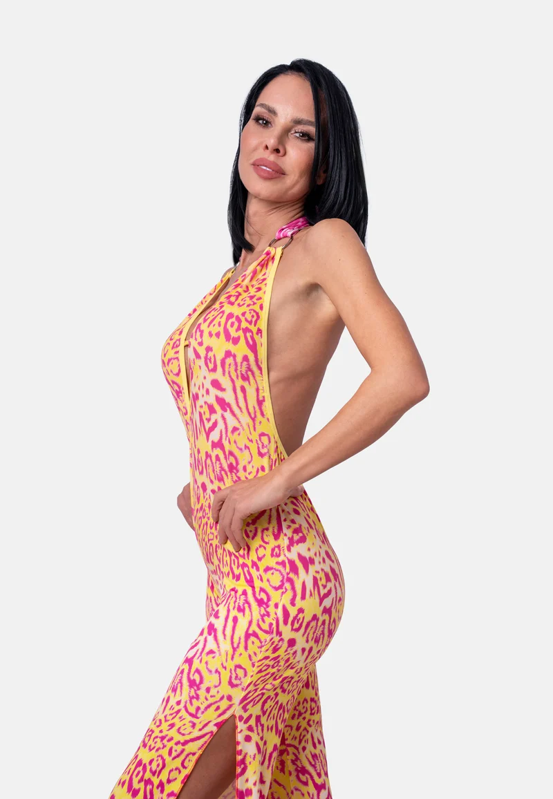 Figurbetonter Neckholder-Jumpsuit mit Animalprint in Gelb-Pink | Birds of Wild Grace by Birds of Love