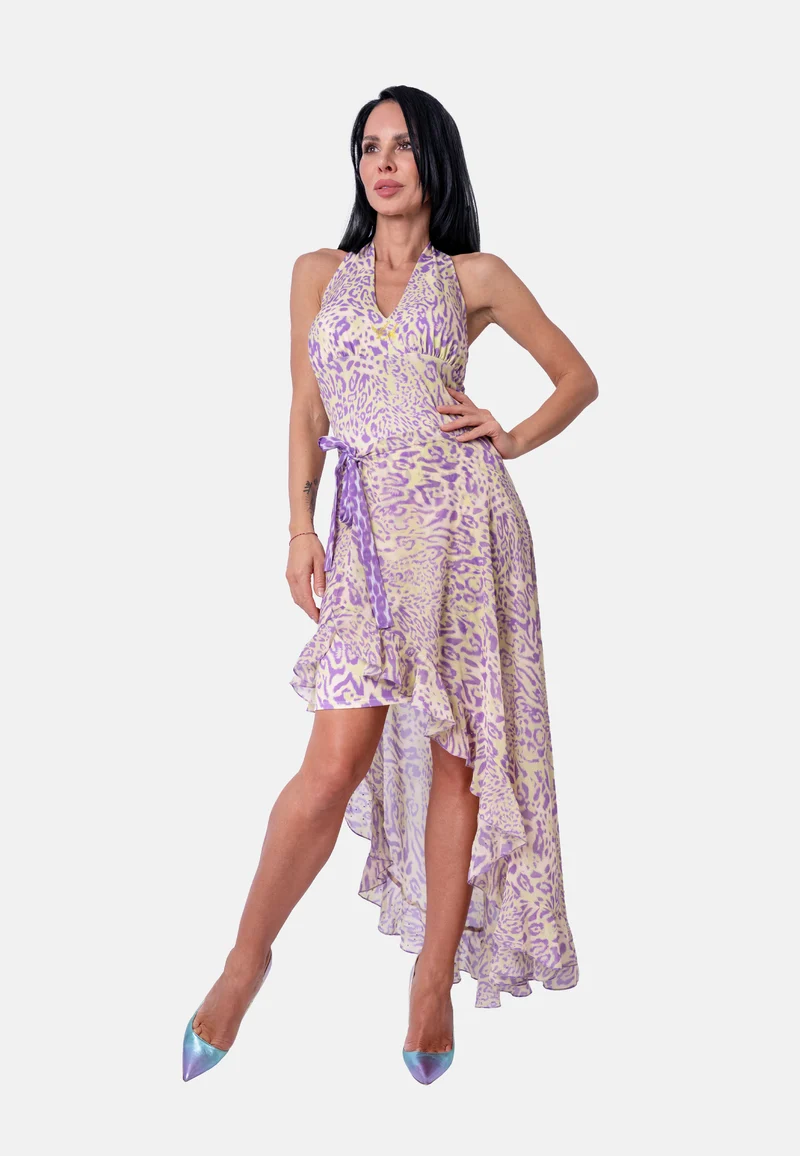 Wandelbares Neckholder-Kleid mit abnehmbarem Rock im Animalprint in Flieder-Beige | Birds of Wild Grace by Birds of Love