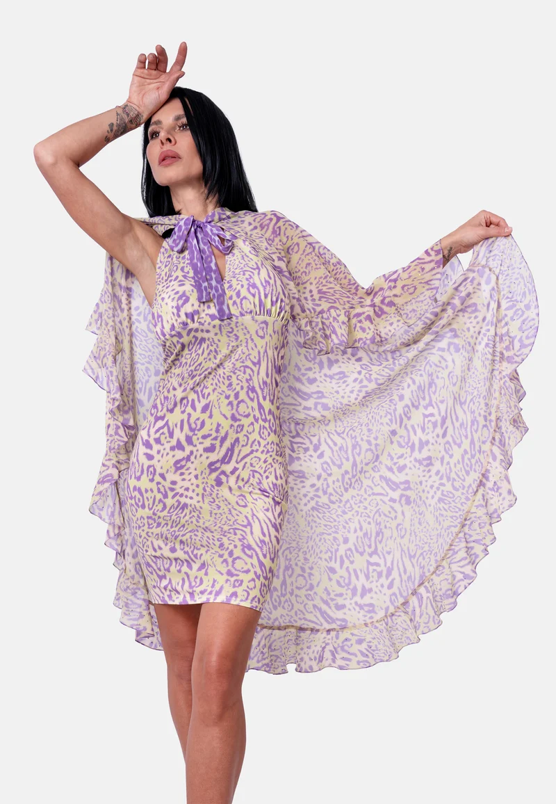 Wandelbares Neckholder-Kleid mit abnehmbarem Rock im Animalprint in Flieder-Beige | Birds of Wild Grace by Birds of Love