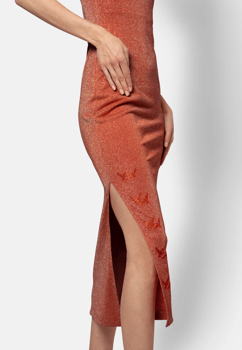 Pfirsichfarbenes Viskose-Jersey-Midikleid