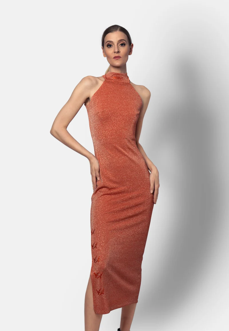 Pfirsichfarbenes Viskose-Jersey-Midikleid