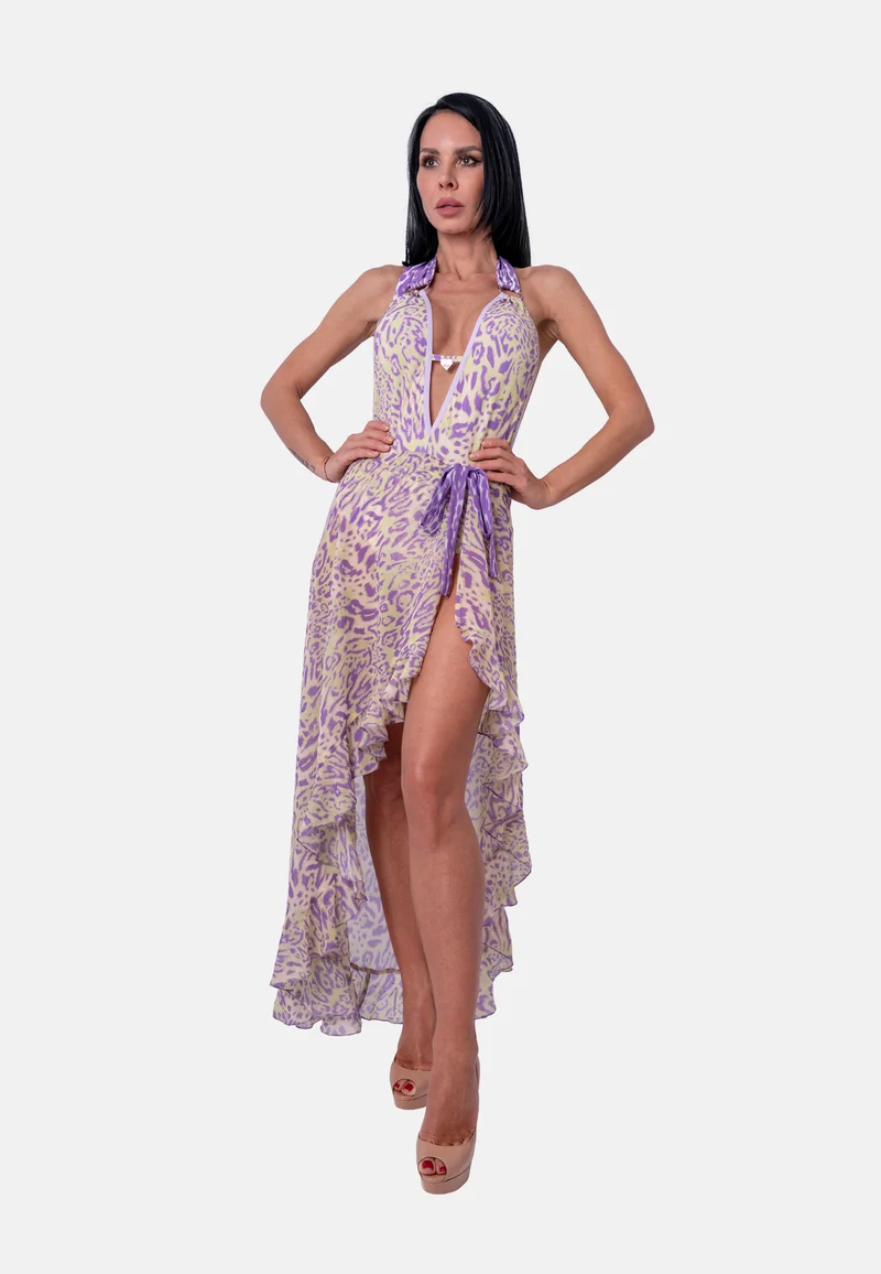 Tief ausgeschnittenes Badeanzug-Body mit Halterneck im Animalprint in Flieder-Beige | Birds of Wild Grace by Birds of Love