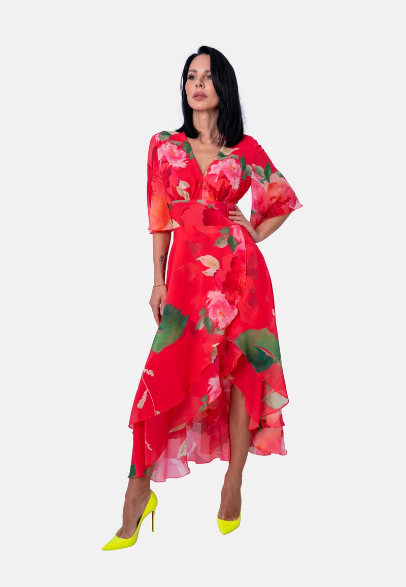 Langes Kleid mit Blumenprint und asymmetrischem Saum in Rot | Jardin by Birds of Love