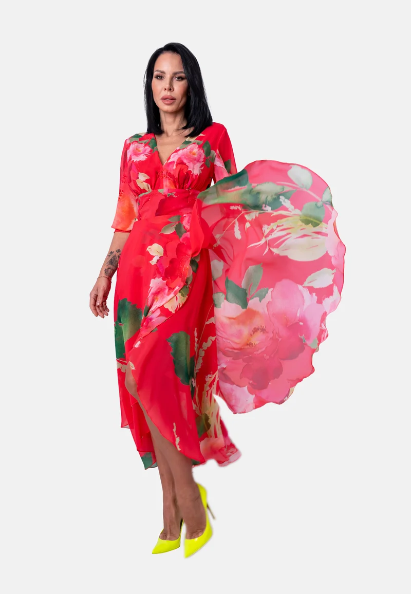Langes Kleid mit Blumenprint und asymmetrischem Saum in Rot | Jardin by Birds of Love