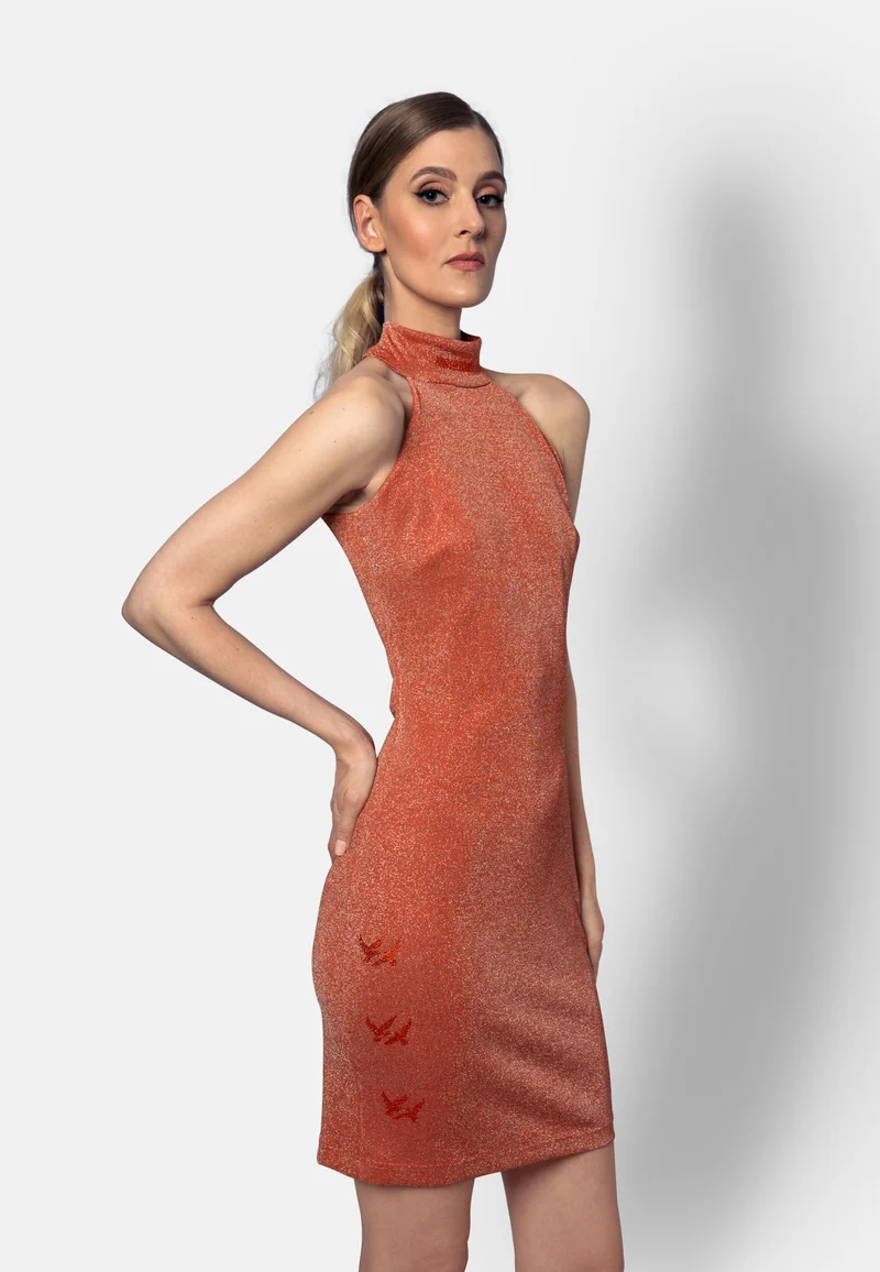 Pfirsichfarbenes Viskose-Jersey-Minikleid