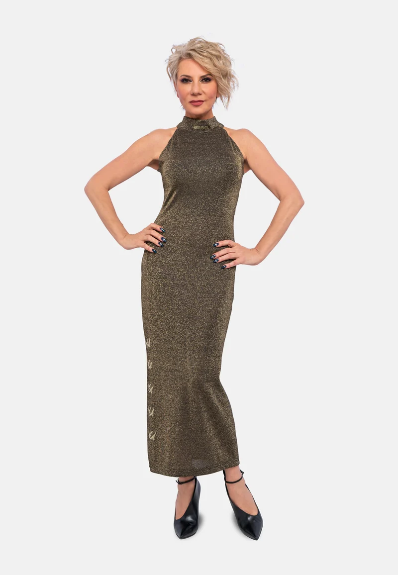 Gold Viskose-Jersey Kleid | Elegantes Abendkleid mit Lurex-Glanz