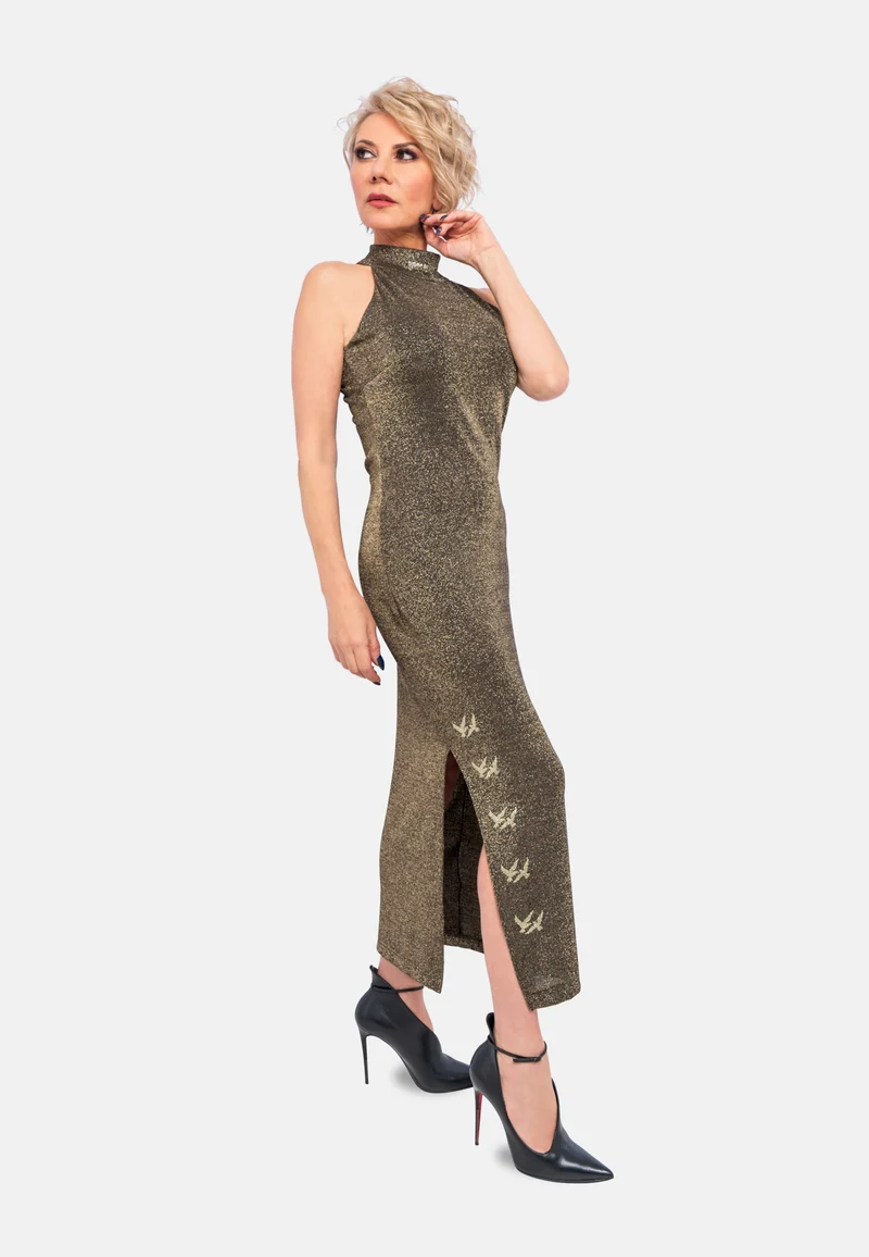 Gold Viskose-Jersey Kleid | Elegantes Abendkleid mit Lurex-Glanz
