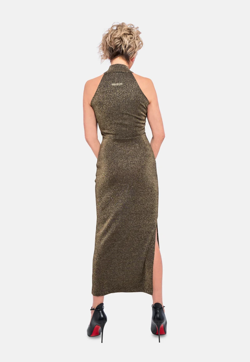Gold Viskose-Jersey Kleid | Elegantes Abendkleid mit Lurex-Glanz