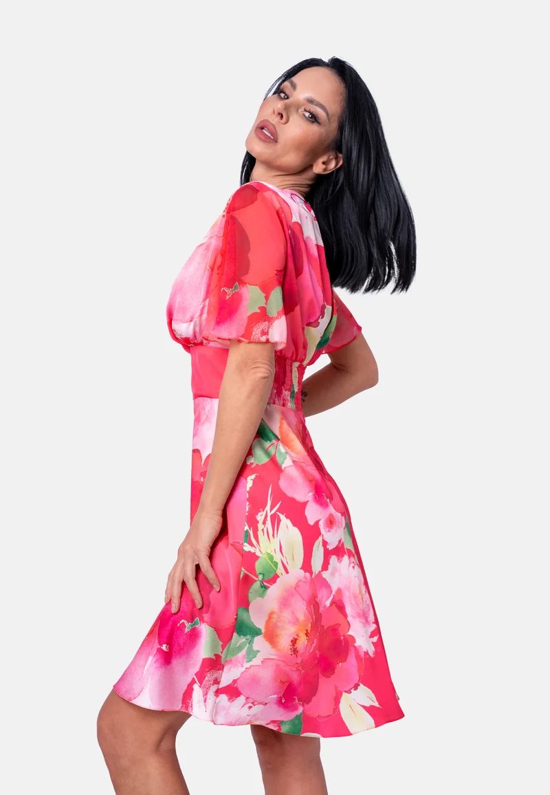Kleid mit Blumenprint und V-Ausschnitt in Rot | Jardin by Birds of Love