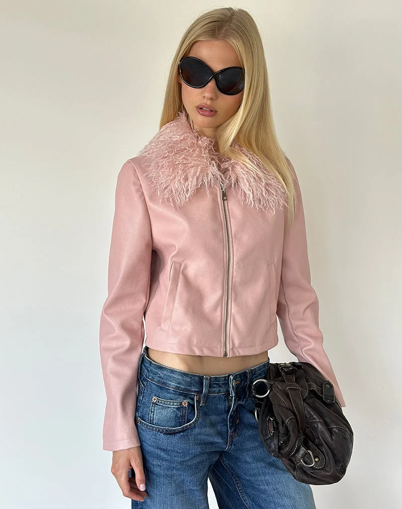 Saku-Jacke aus PU in Dusty Pink mit Kunstfellkragen