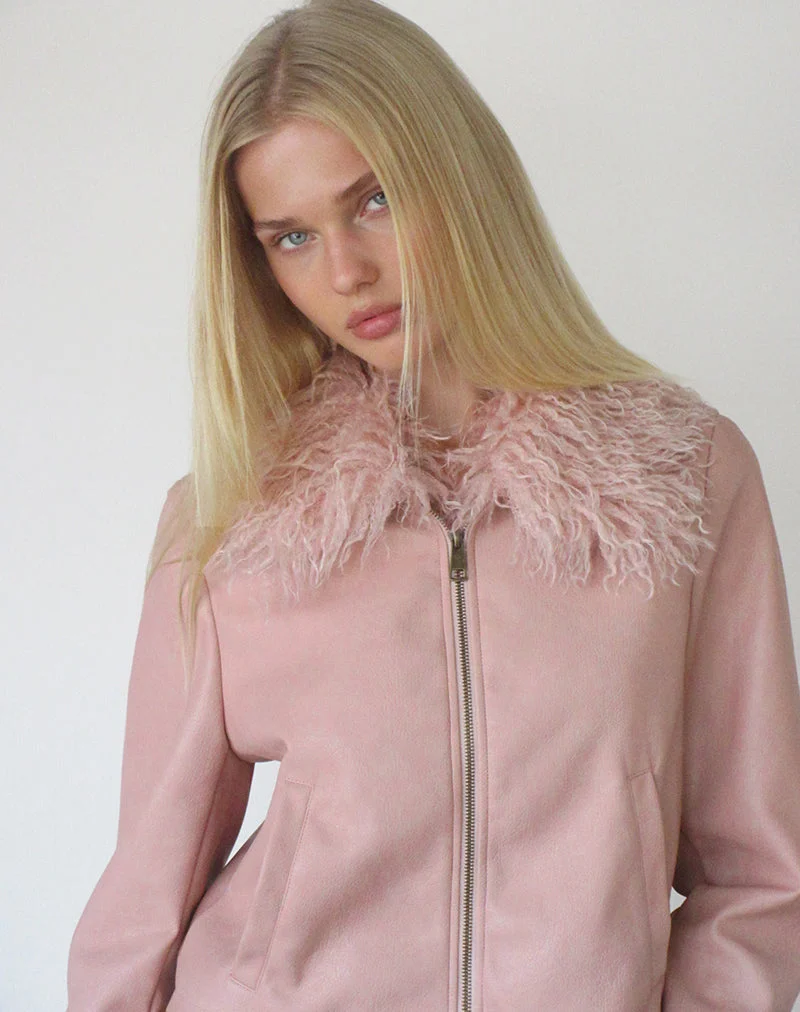 Saku-Jacke aus PU in Dusty Pink mit Kunstfellkragen