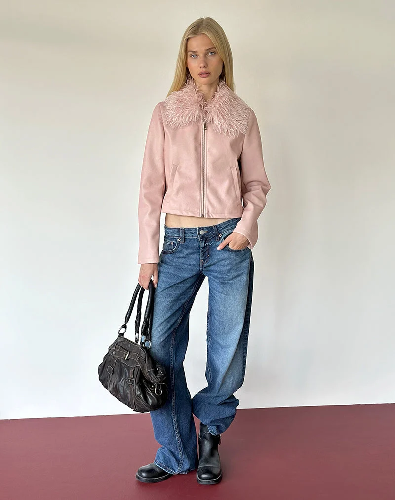 Saku-Jacke aus PU in Dusty Pink mit Kunstfellkragen