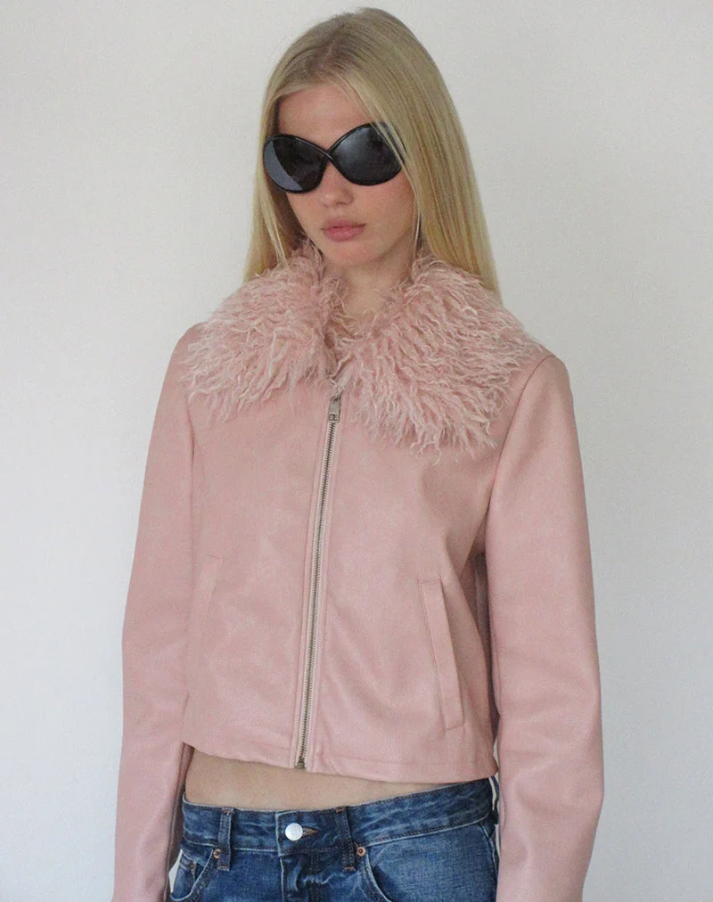 Saku-Jacke aus PU in Dusty Pink mit Kunstfellkragen