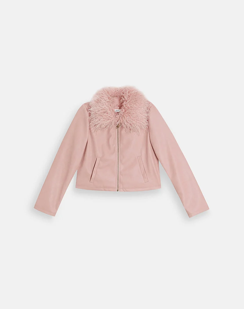 Saku-Jacke aus PU in Dusty Pink mit Kunstfellkragen