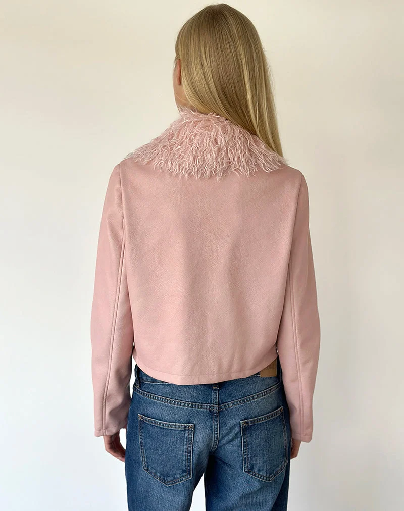 Saku-Jacke aus PU in Dusty Pink mit Kunstfellkragen