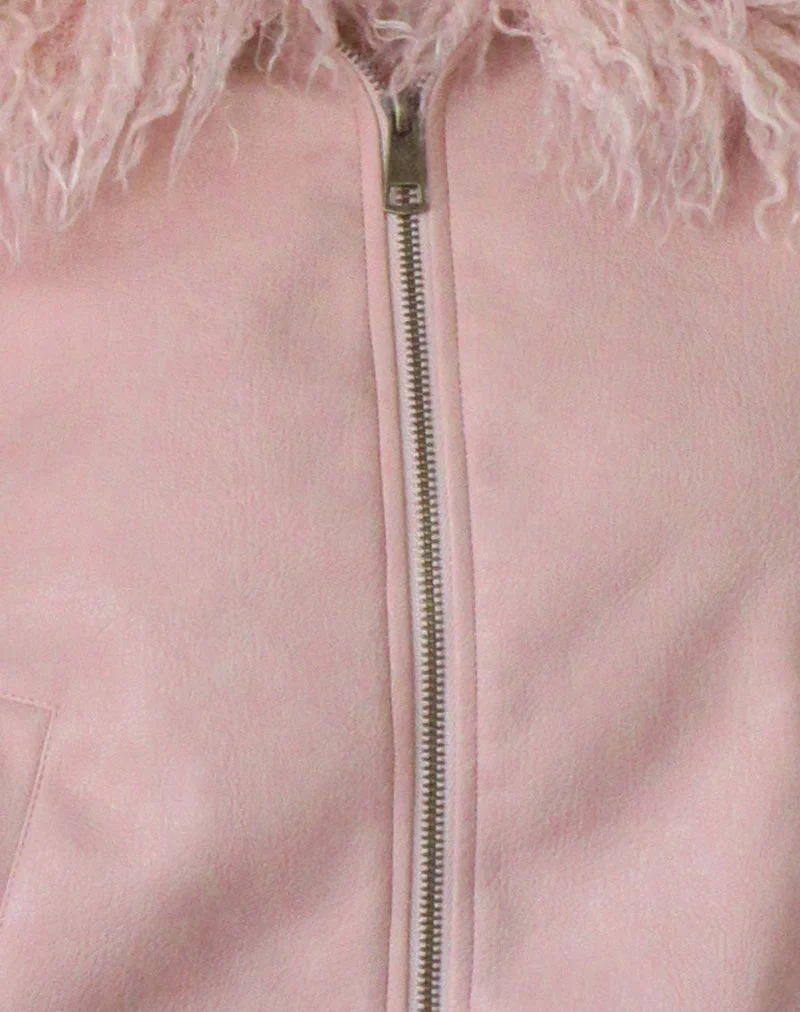 Saku-Jacke aus PU in Dusty Pink mit Kunstfellkragen