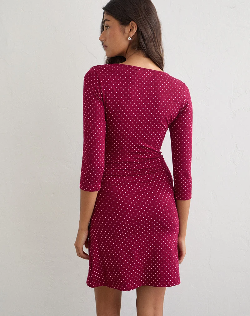 Trudita Minikleid in Weinrot mit rosa Mikro-Polka-Print