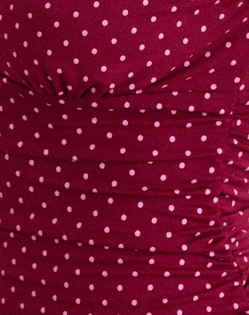 Lycia Plunge-Top in Weinrot mit rosa Mikro-Polka-Print