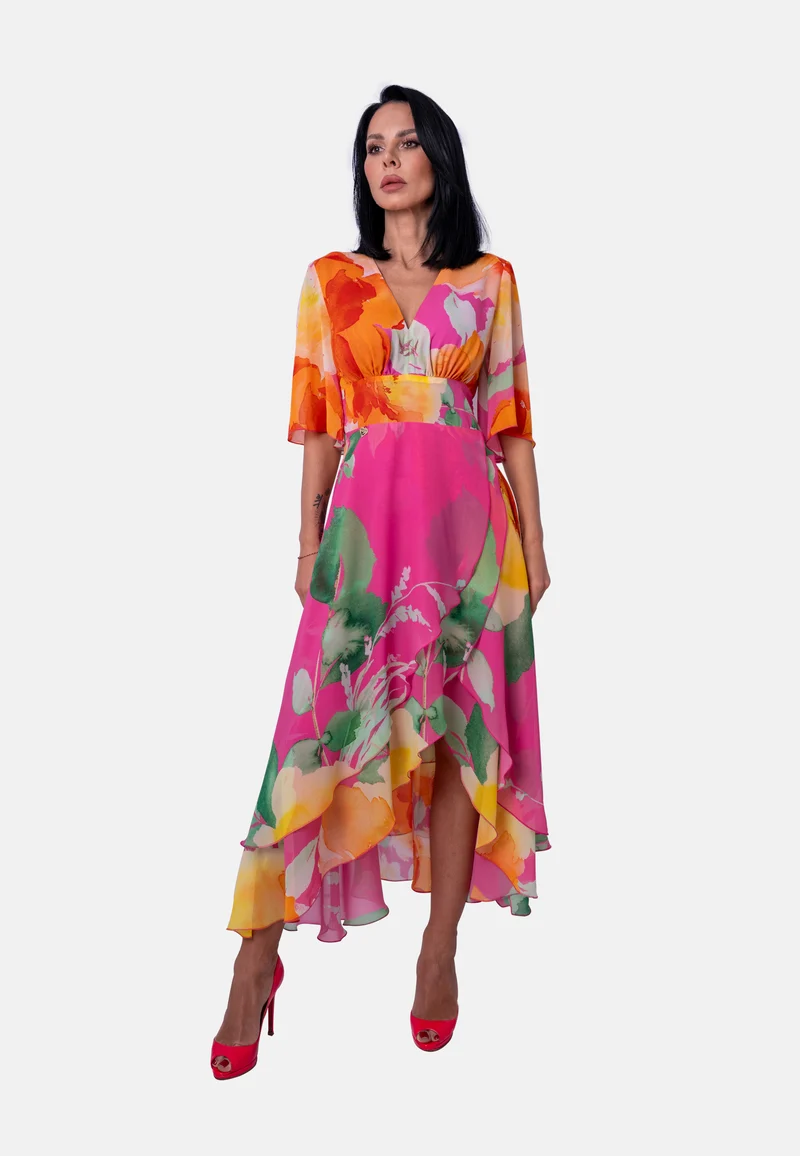 Florales Langes aus Chiffon mit asymmetrischem Saum Rosa| Jardin by Birds of Love