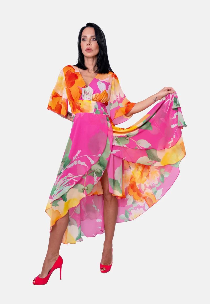 Florales Langes aus Chiffon mit asymmetrischem Saum Rosa| Jardin by Birds of Love