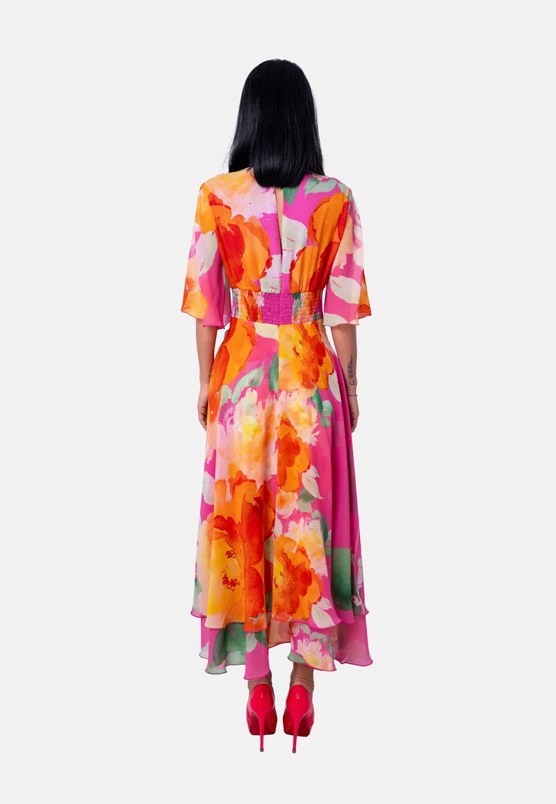 Florales Langes aus Chiffon mit asymmetrischem Saum Rosa| Jardin by Birds of Love