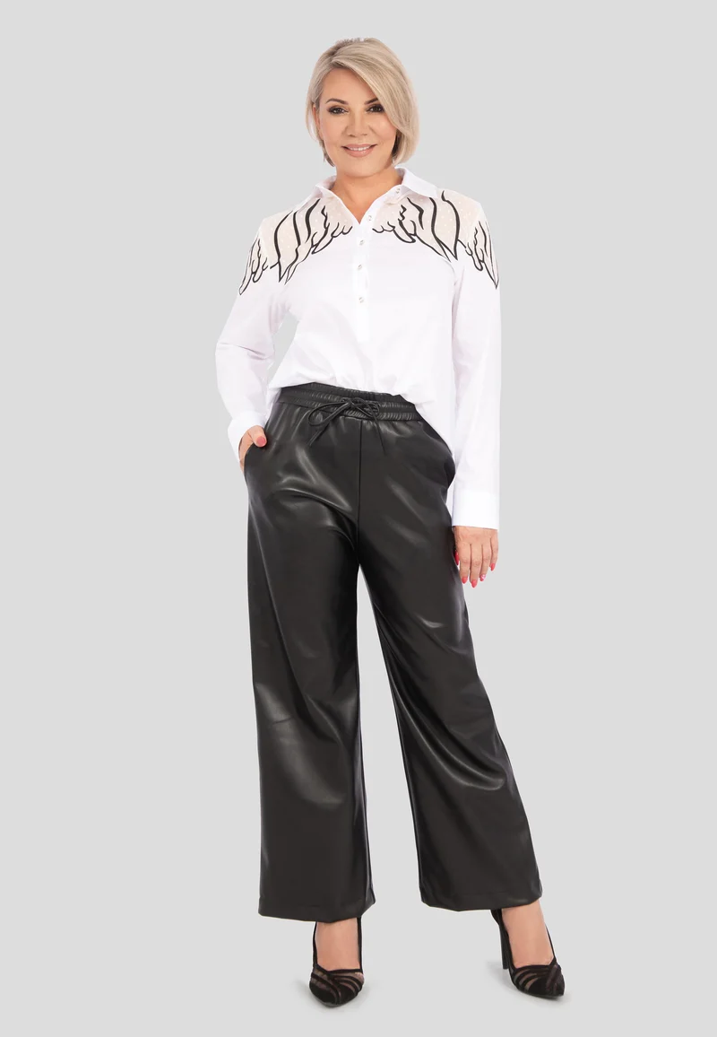 Elegante Lederimitathose mit weitem Bein & hohem Bund | Robuste Wide Leg Kunstlederhose