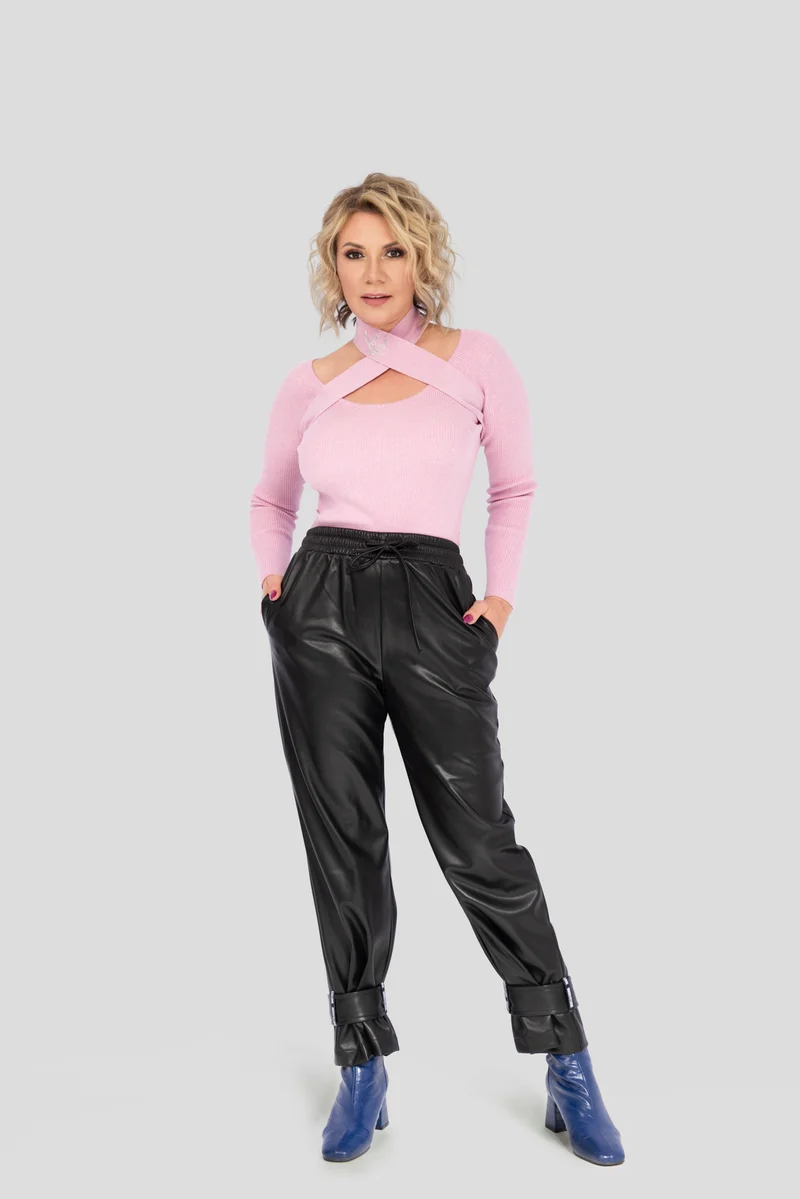 Elegante Lederimitathose mit weitem Bein & hohem Bund | Robuste Wide Leg Kunstlederhose