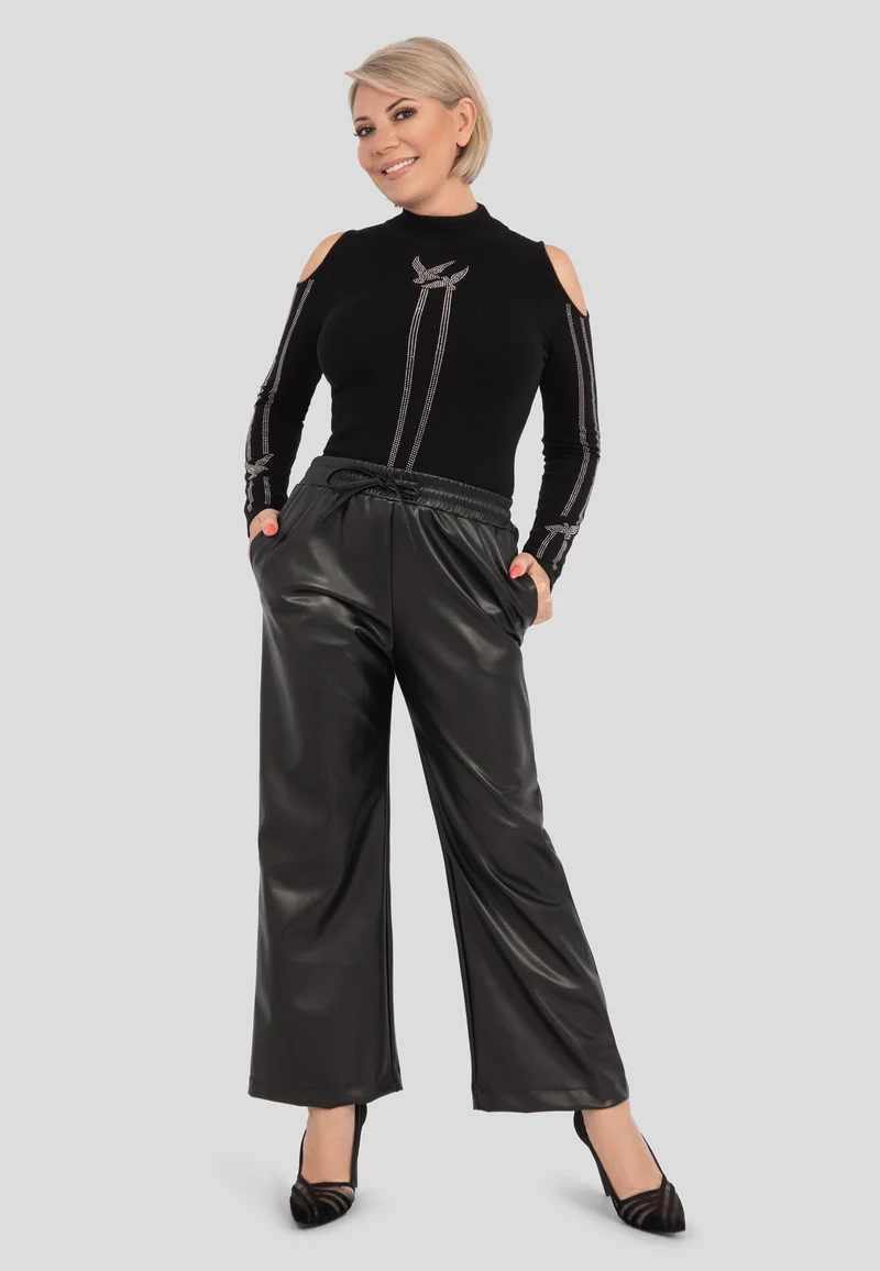 Elegante Lederimitathose mit weitem Bein & hohem Bund | Robuste Wide Leg Kunstlederhose