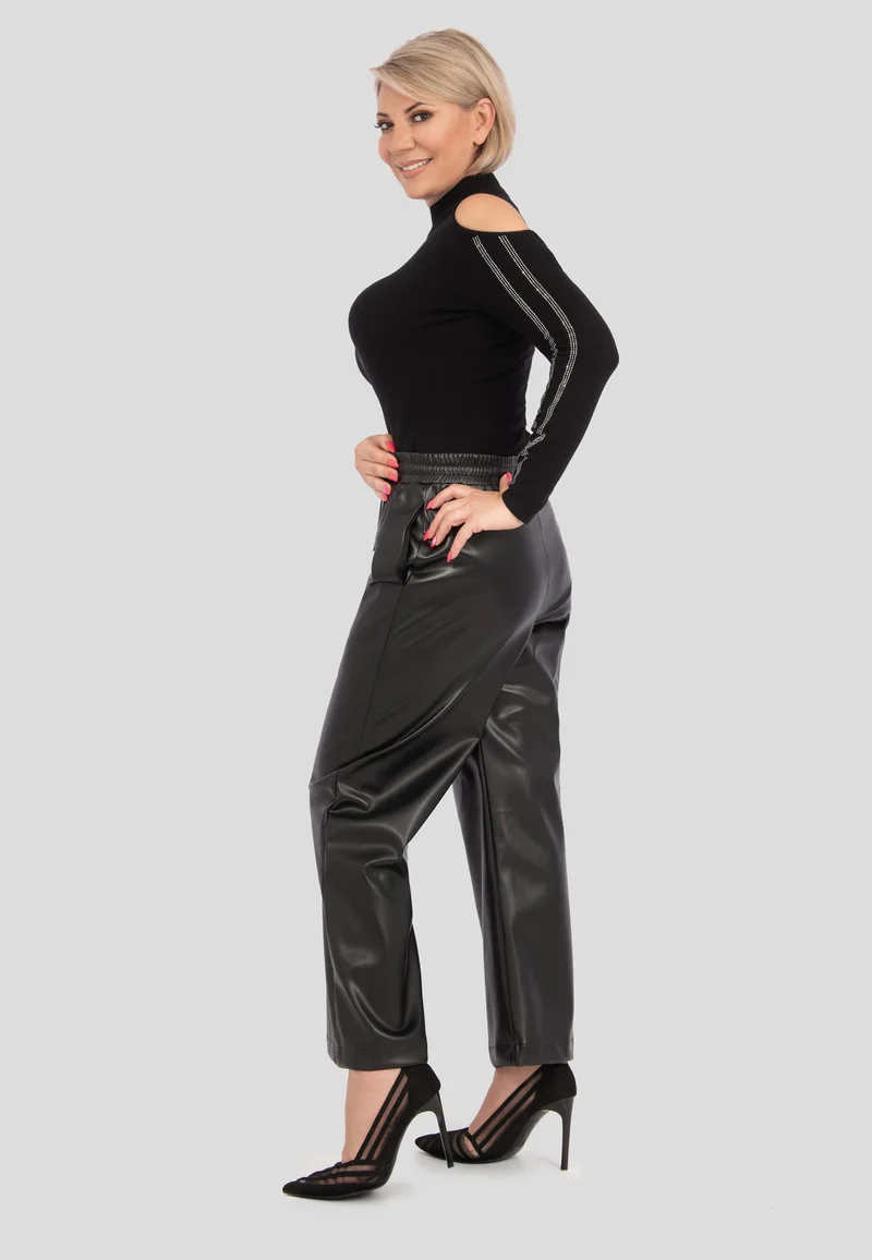 Elegante Lederimitathose mit weitem Bein & hohem Bund | Robuste Wide Leg Kunstlederhose