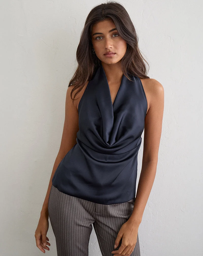Uliha Cowl-Haltertop mit Bindeband am Rücken aus Satin in Marineblau