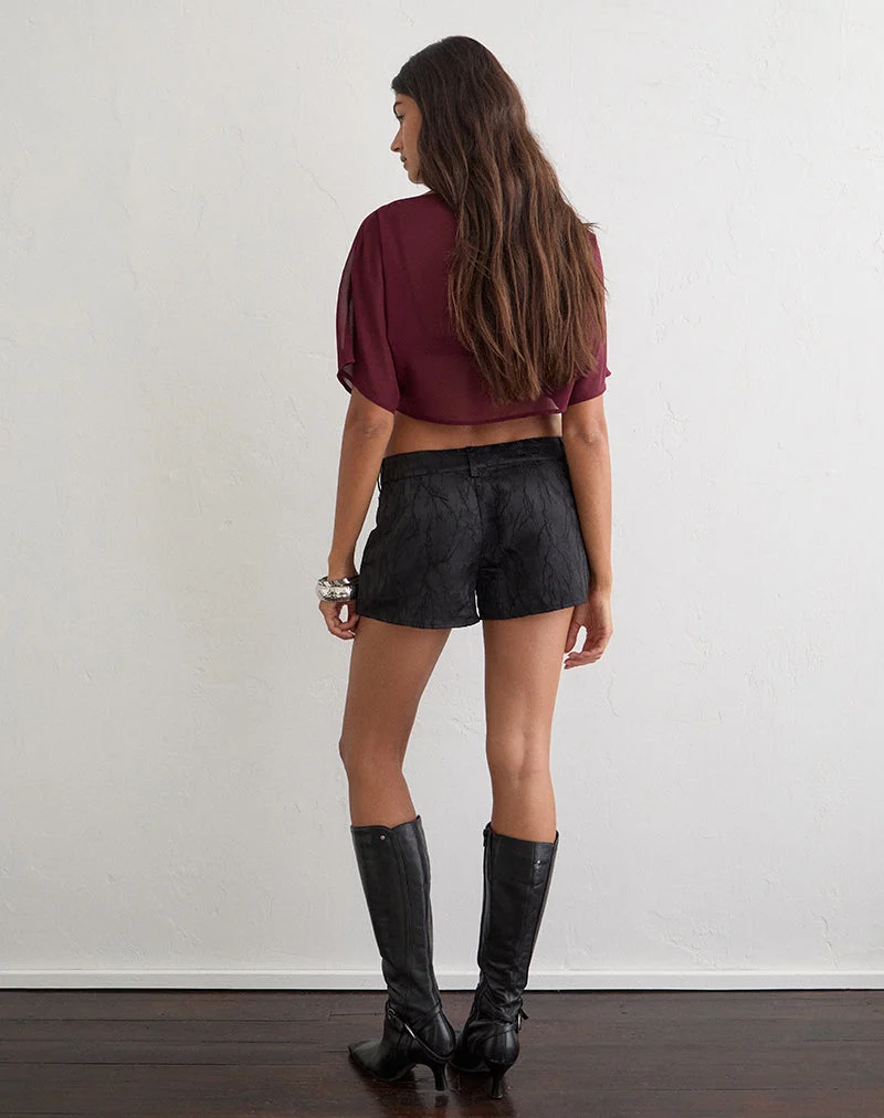 Tanur Mini-Shorts aus schwarzem Satin-Jacquard mit Blumenmuster