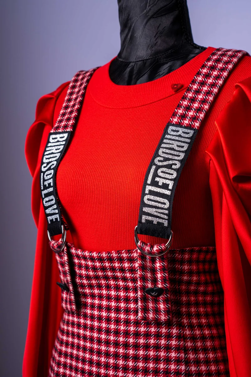 Damen-Outfit 2-Teiler | Latzkleid mit Karomuster | Puffärmel-Oberteil