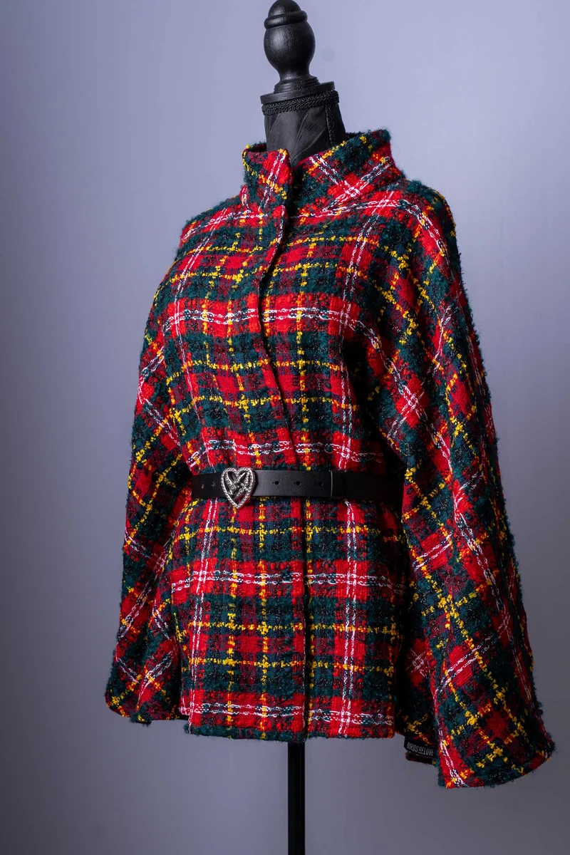 Damen-Tweed-Jacke | Klassisches Karomuster | Eleganter Cape-Stil