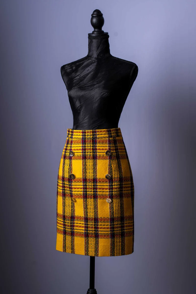 Damen-Minirock | Gelbes Karomuster | Doppelreiher-Stil | Tweed-Look