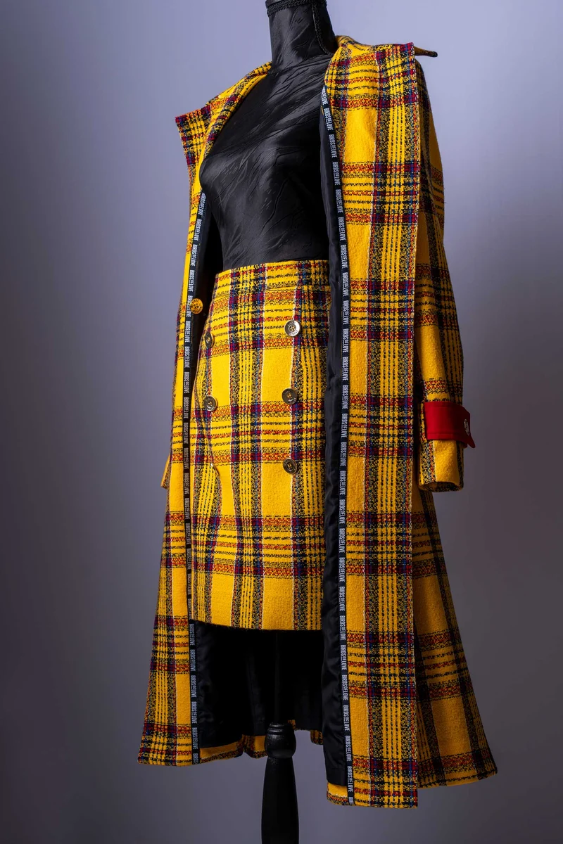 Damen-Minirock | Gelbes Karomuster | Doppelreiher-Stil | Tweed-Look