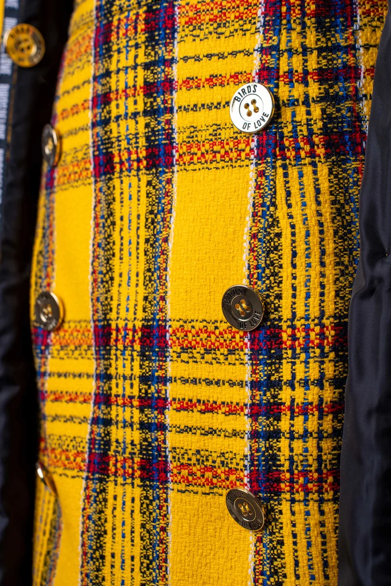 Damen-Minirock | Gelbes Karomuster | Doppelreiher-Stil | Tweed-Look