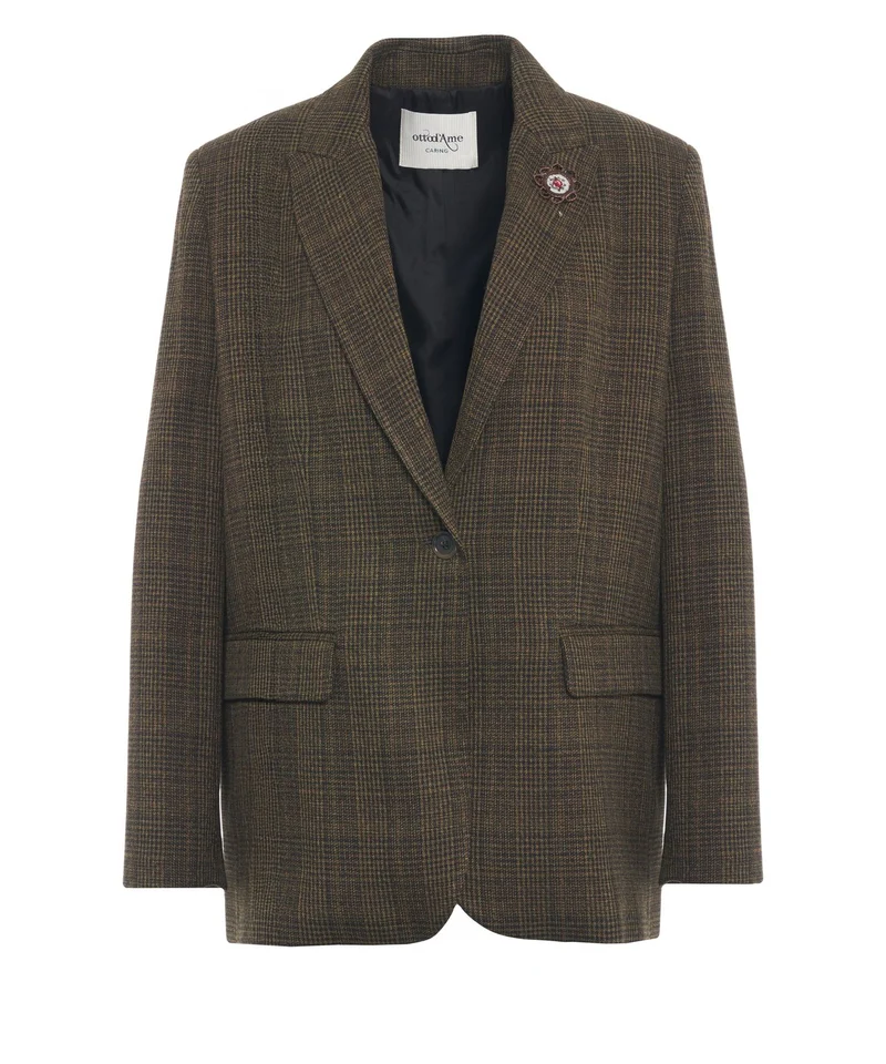Blazer a quadri con spilla
