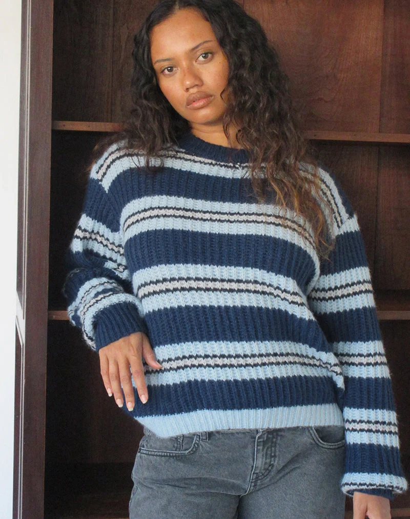 Namirta-Pullover in Marineblau und Hellblau mit schwarzem Streifen