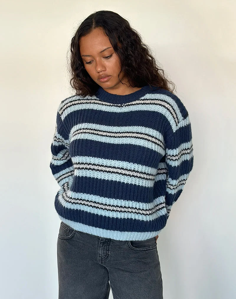Namirta-Pullover in Marineblau und Hellblau mit schwarzem Streifen