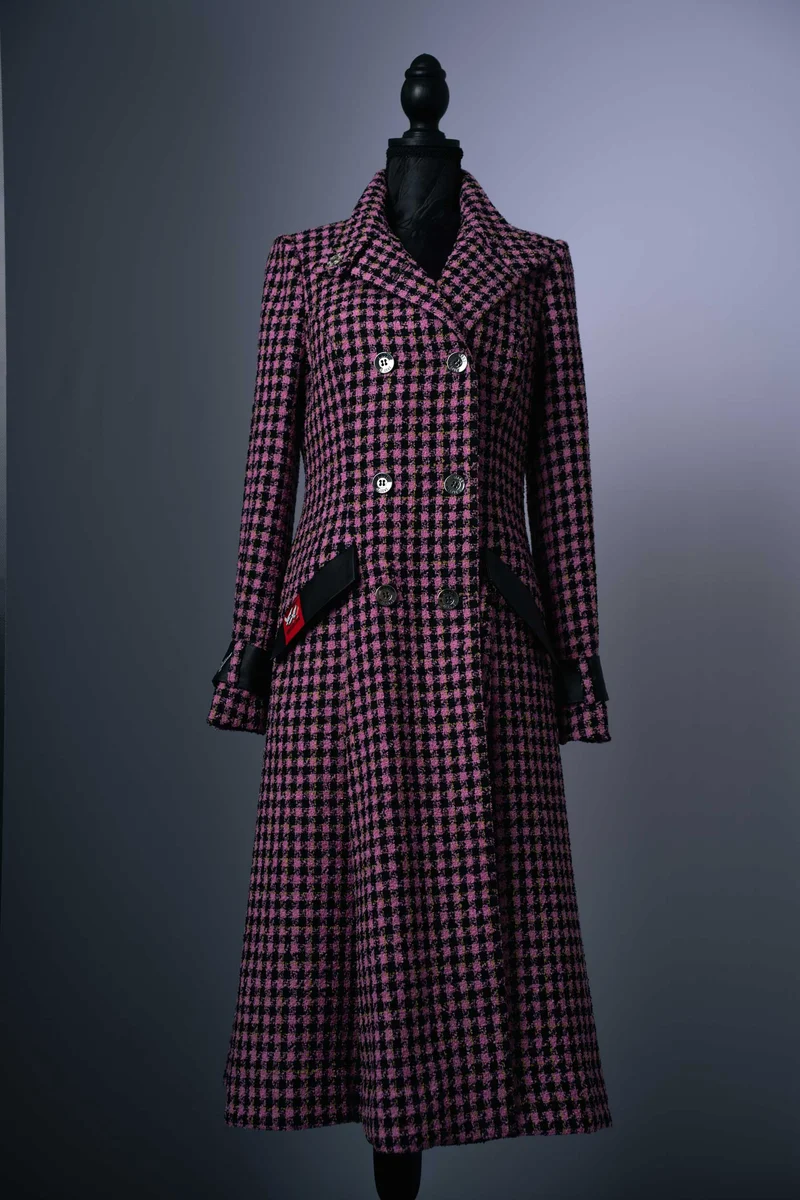Wollmantel für Damen in Pink-Schwarz mit Hahnentritt-Muster