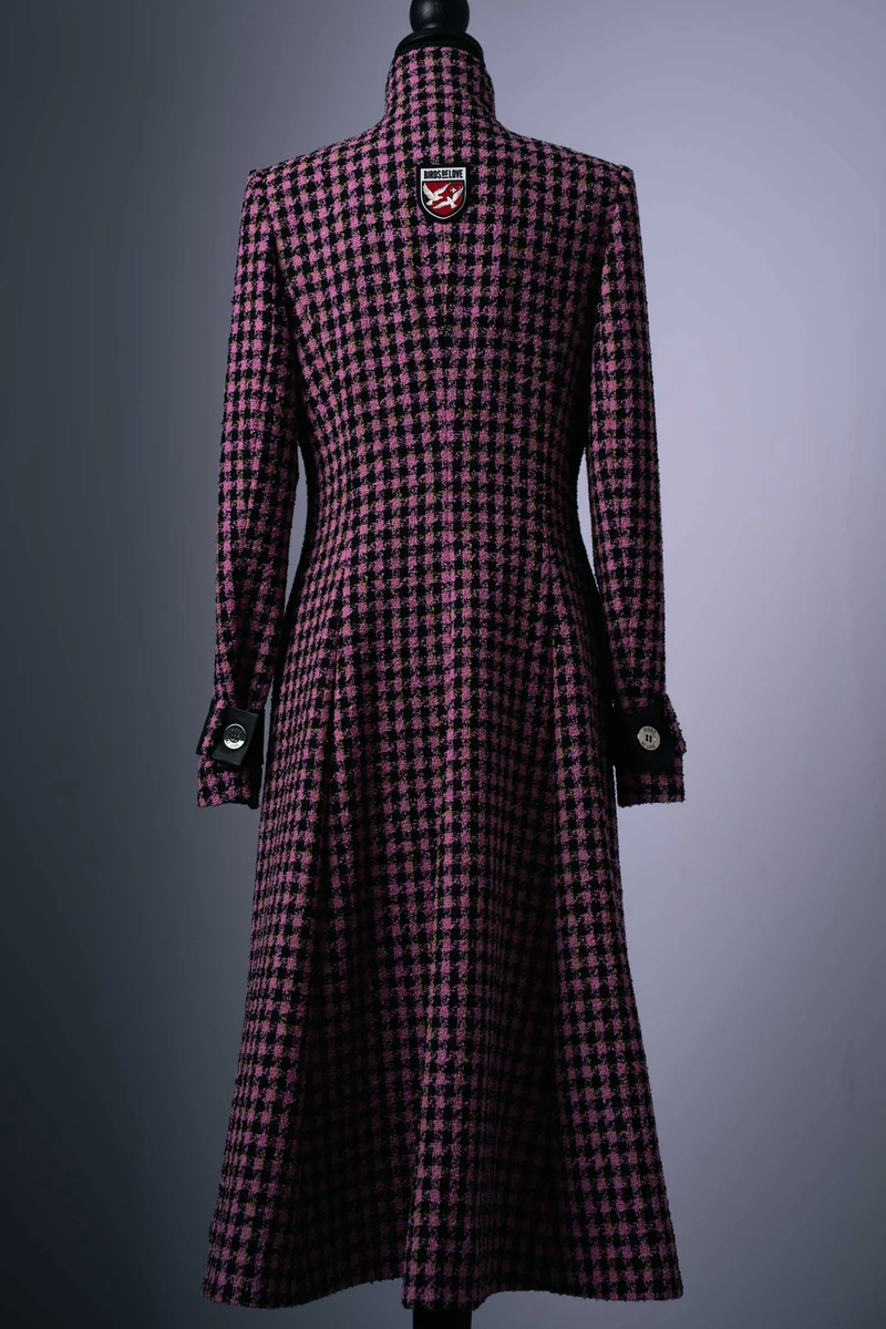 Wollmantel für Damen in Pink-Schwarz mit Hahnentritt-Muster
